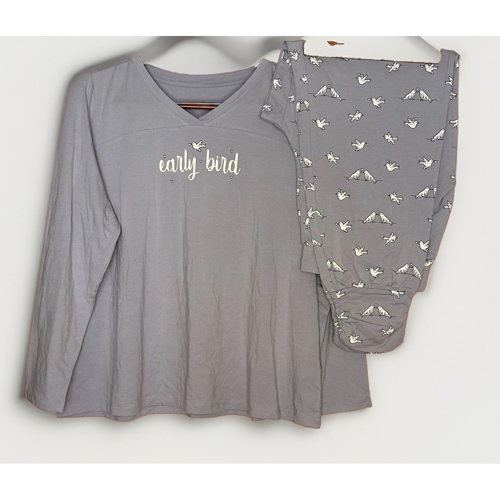 AnyBody L Early Bird Pajama Set Gray Bird Print Soft Knit Lounge Sleepwear